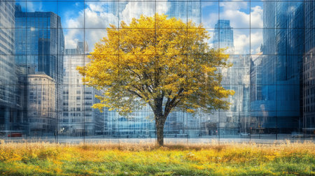 Golden Harmony Solitary Tree Stands Tall, Autumn Colors, Mirrored Skyscrapers in the City..の素材