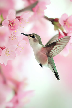 Hummingbird in Pink Blossom Paradise, Capturing Nature s Beauty, Wildlife Photographyの素材
