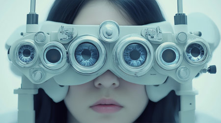 Young Woman Undergoing Eye Exam with Modern Equipment, Focus on Vision and Cataract Awarenessの素材