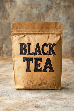 Package of Black Tea, Isolated on a Brown Rustic Background, Simple Food Photography.の素材