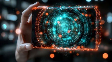 Businessman Holding Smartphone with Holographic Projection, Analytics, Business Intelligence Visualの素材