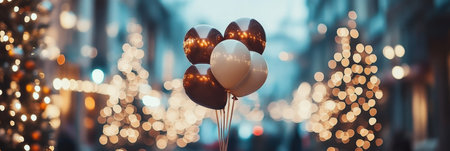 Brown and Cream Balloons Against a Blurred City Background with Sparkling Bokeh Lightsの素材