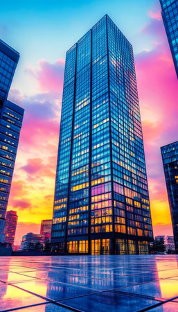 Modern Office Tower Glowing at Twilight, Contemporary Urban Architecture, Vibrant Sunset Skylineの素材
