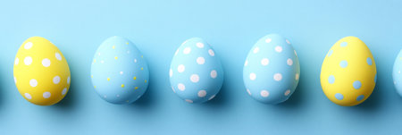 Five Blue And Yellow Easter Eggs With White Polka Dots On A Blue Background, Banner, Copy Spaceの素材