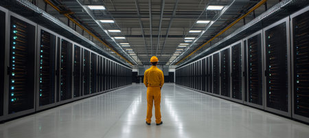 Data Center Technician Monitoring Servers Ensuring Seamless Data Flow and Network Securityの素材