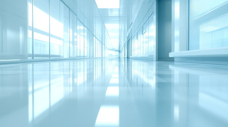 Empty Modern Corridor With Panoramic Windows, Long Hall Interior With Light At The End As A Conceptの素材
