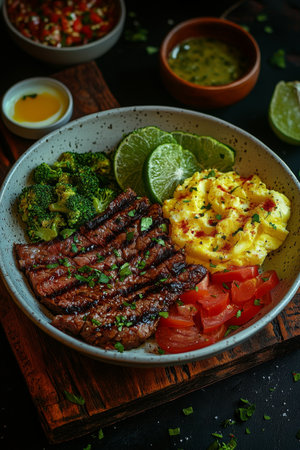 Juicy Steak and Scrambled Eggs Plate with Broccoli and Side Dish, Healthy Ketogenic Diet Dinnerの素材
