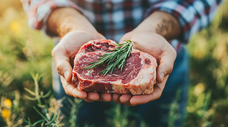 Farmer Proudly Presents Fresh, Raw Ribeye Steak with Rosemary Farm-to-Table Concept.の素材