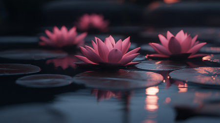 Serene Pink Lotus Flowers in Twilight Bloom Tranquil Water Lilies on Dark Water Surface at Duskの素材