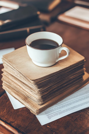 Steaming Cup of Coffee on Stacked Vintage Books, Pen, and Papers, Evoking Nostalgia and Relaxation.の素材