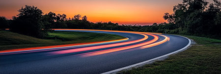 Digital Data Flow on Winding Road, Motion Blur Effect for High-speed Transfer Vision.の素材