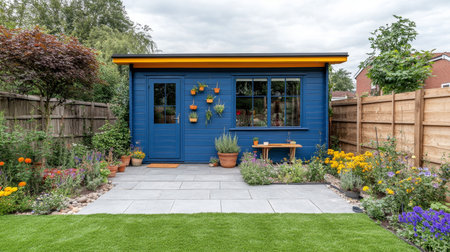 Blue Garden Shed, Summer House Office With Patio Area And Colorful Flower Bed In A Backyard Garden.の素材