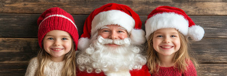 Happy Kids in Santa Hats Pose with Real Santa Claus, Sharing Christmas Joy on Rustic Backgroundの素材