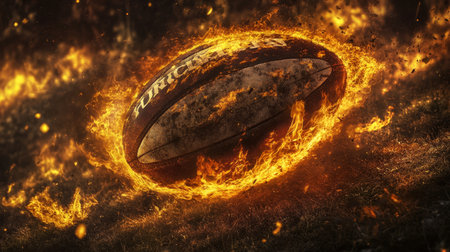 Fiery Rugby Ball Dynamic Action Photo with Rugby Ball Engulfed in Flames on Dark Backgroundの素材