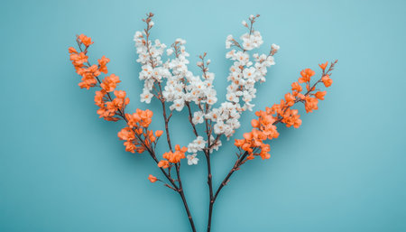 Spring Floral Arrangement, Delicate White and Vivid Orange Blossoms on a Serene Blue Backgroundの素材