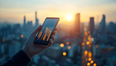 Investor checking financial market data on phone app, trading stocks, cryptocurrency, or forex.の素材