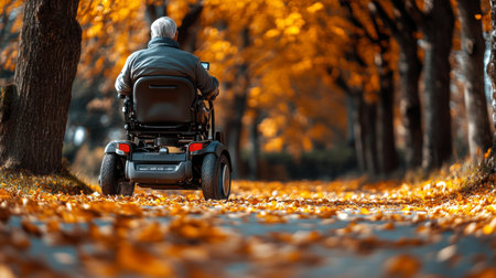 Senior Man Enjoys Autumns Embrace, Riding A Mobility Scooter Down A Sunny, Leaf-Strewn Path.の素材