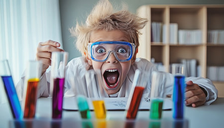 Young Scientist Amazed by a Chemical Reaction in the Lab, Experimenting with Colorful Test Tubesの素材