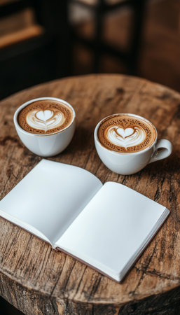 Two Cappuccinos with Heart Latte Art and Blank Sketchbook, Perfect Autumn Inspirationの素材