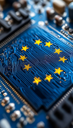 Digital Europe EU Flag Integrated Into Circuit Board Symbolizing Connectivity and Dataの素材