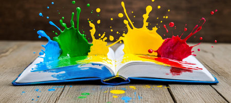 Open Book with Colorful Paint Splashes, Concept of Creativity, Imagination, and Storytellingの素材