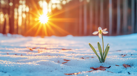 First Sign of Spring Delicate Snowdrop Flower Emerging from Snow at Sunset in the Forestの素材