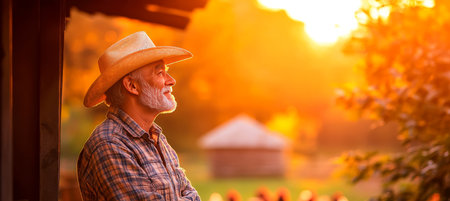 Golden Hour Contemplation Senior Farmer in Cowboy Hat Enjoys Serene Sunset on Rural Farmの素材