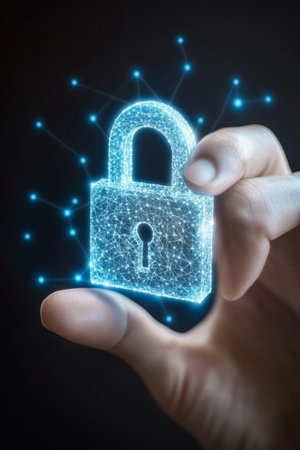 Cybersecurity Protection Glowing Padlock In Hand Symbolizing Digital, Business, Internet Securityの素材