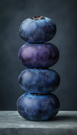 Stacked Fresh Blueberries on Dark Background A Study in Blue Hues and Healthy Eatingの素材