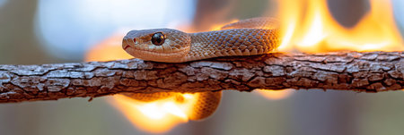 Small Snake Crawls a Burning Tree Branch Trying to Escape, Detailed Macro Image of Snake in Flames.の素材