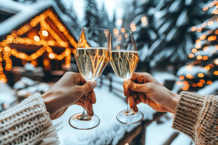 Celebrating Winter. Couple Toasting with Champagne, Cozy Cabin, and Snowy Forest in the Backgroundの素材