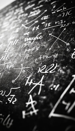 Abstract Monochrome Background With White Chalkboard Mathematical Equations And Geometry Drawingsの素材