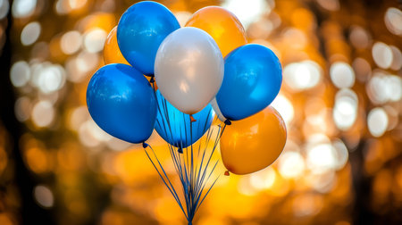 Blue And Yellow Balloons On A String With A Blurred Background And White And Yellow Bokehの素材