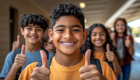 Happy And Diverse Group Of School Children Giving Thumbs Up In School Hallway, Back to schoolの素材