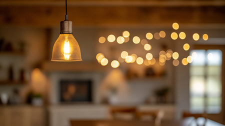 Modern home interior background with living room lights and a modern lamp glowing warm.の素材