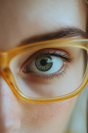 Close-up, Feminine Style Green Eye Peering Through Modern Yellow Glasses, Beauty and Fashionの素材