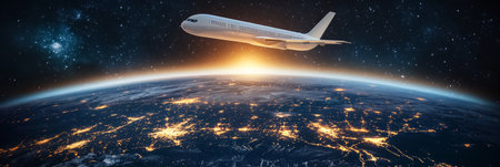 Airplane Soaring Above Illuminated Earth, Symbolizing Global Travel and Connectivity at Nightの素材