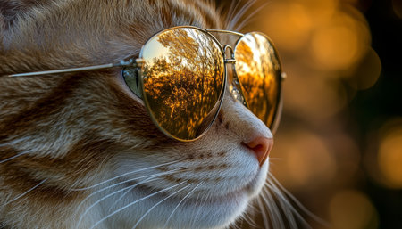 Cool Cat in Aviators Close-up of Tabby With Mirrored Sunglasses Reflecting Golden Backgroundの素材