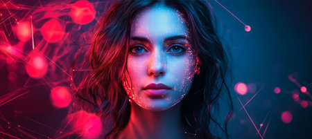 Portrait of a Beautiful Woman with Glowing Makeup and Abstract Neon Lights, Cyberpunk Conceptの素材