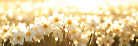 Golden Hour Illumination of a Vibrant Field of White and Yellow Daffodils in Springtimeの素材