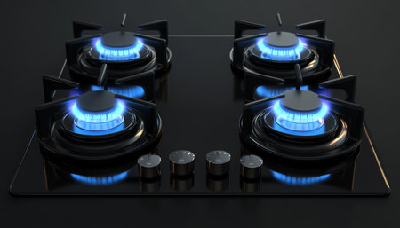 Modern Black Gas Stovetop with Four Burners Ignited, Kitchen Appliance on Dark Backgroundの素材