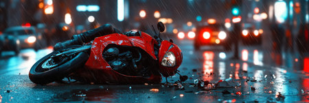 Motorcycle Crash on Rain-Slicked City Streets, Aftermath of a Dangerous Accident at Nightの素材