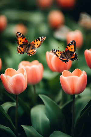 Two Butterflies Fluttering Above Vibrant Orange Tulips in a Lush Spring Garden, Nature s Beautyの素材