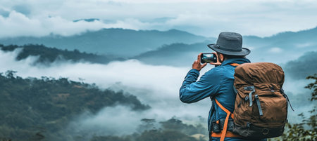 Man with Backpack Hiking in Mountains Taking Photo on Smartphone, Enjoying Scenic Viewの素材