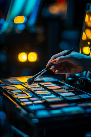 Professional Makeup Artist s Hands Holding Brush on Eyeshadow Palette Under Bright Studio Lighting.の素材