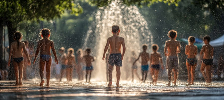 Children Cool Off in a Refreshing Fountain on a Sunny Summer Day, Enjoying the Joyful Atmosphere.の素材