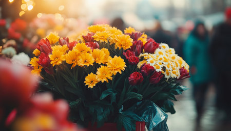 Vibrant Bouquets of Colorful Tulips and Daisies on Display at a Bustling Outdoor Flower Marketの素材