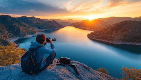 Photographer taking scenic sunset photos in a beautiful mountainous landscape with lake viewの素材