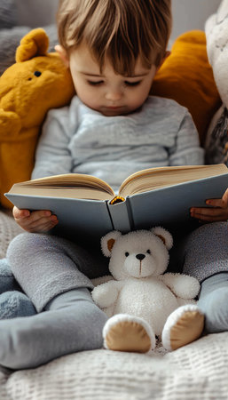 Cozy Toddler Reading Time Adorable Child Engrossed in a Book with Teddy Bear Companionsの素材