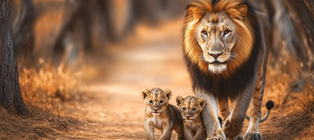 Majestic Male Lion With Flowing Mane Leads His Two Adorable Cubs Through Golden Grassland.の素材